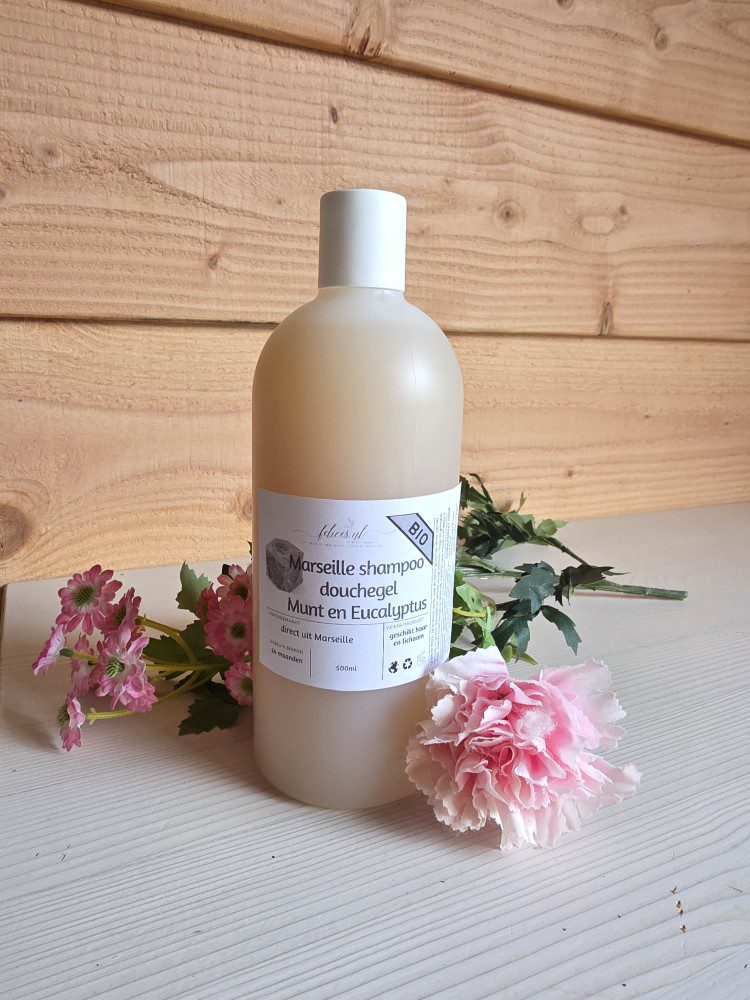 Biologische Marseille vloeibare shampoo en douchegel met Munt en Eucalyptus - keratine - camelina olie 500ml
