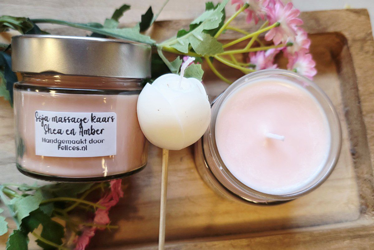 Handgemaakte soja massage kaars - shea boter - Amber en  tonka - zachte geurende massage 230gr