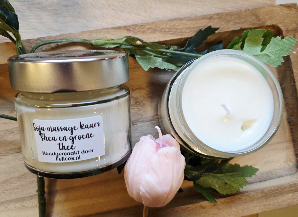 Handgemaakte soja massage kaars - shea boter - Witte tea - grapefruit  - zachte geurende massage 230gr