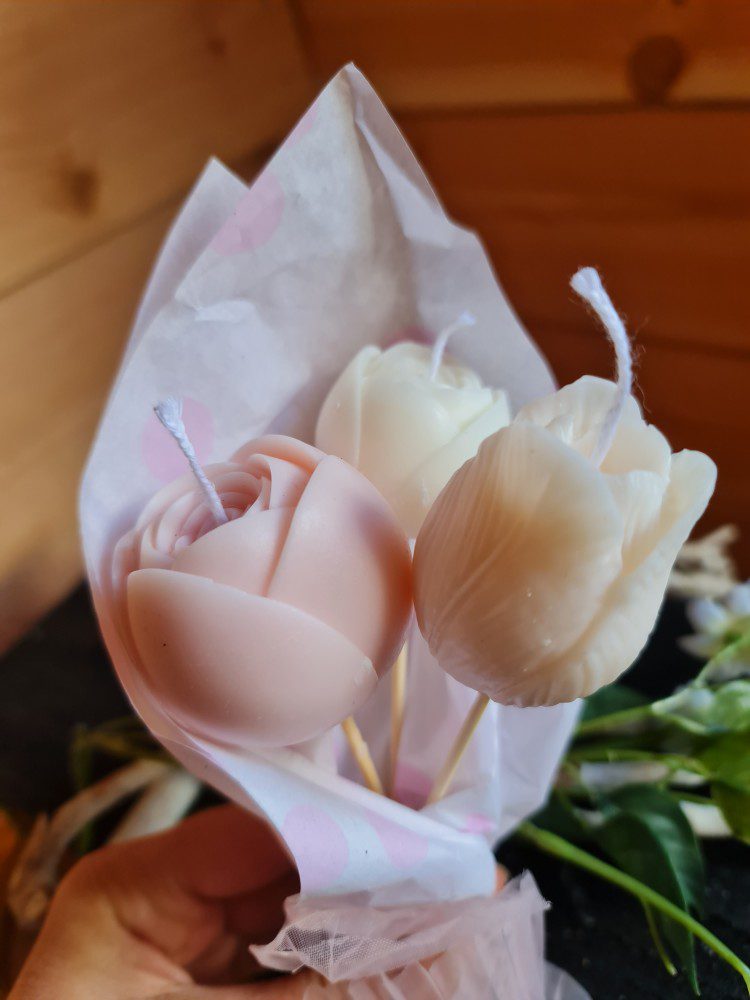 Handgemaakte mini soja kaarsen bouquet - 3 bloemen - elegante geur - ecologische wax 3st