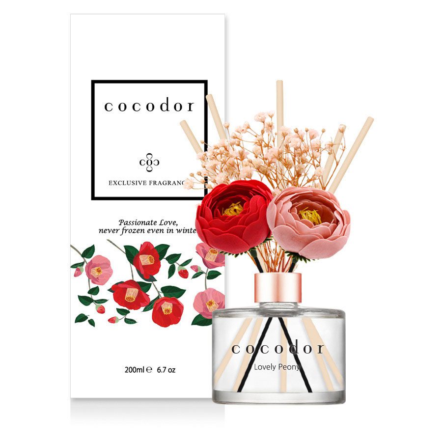 Heerlijk geur diffuser met rietstokken – LOVELY PEONY huisparfum - met camellia bloem - 200ml