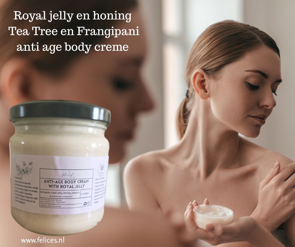 Handgemaakte anti-age lichaam creme met royal jelly - honing - collageen en frangipani green thee 200ml