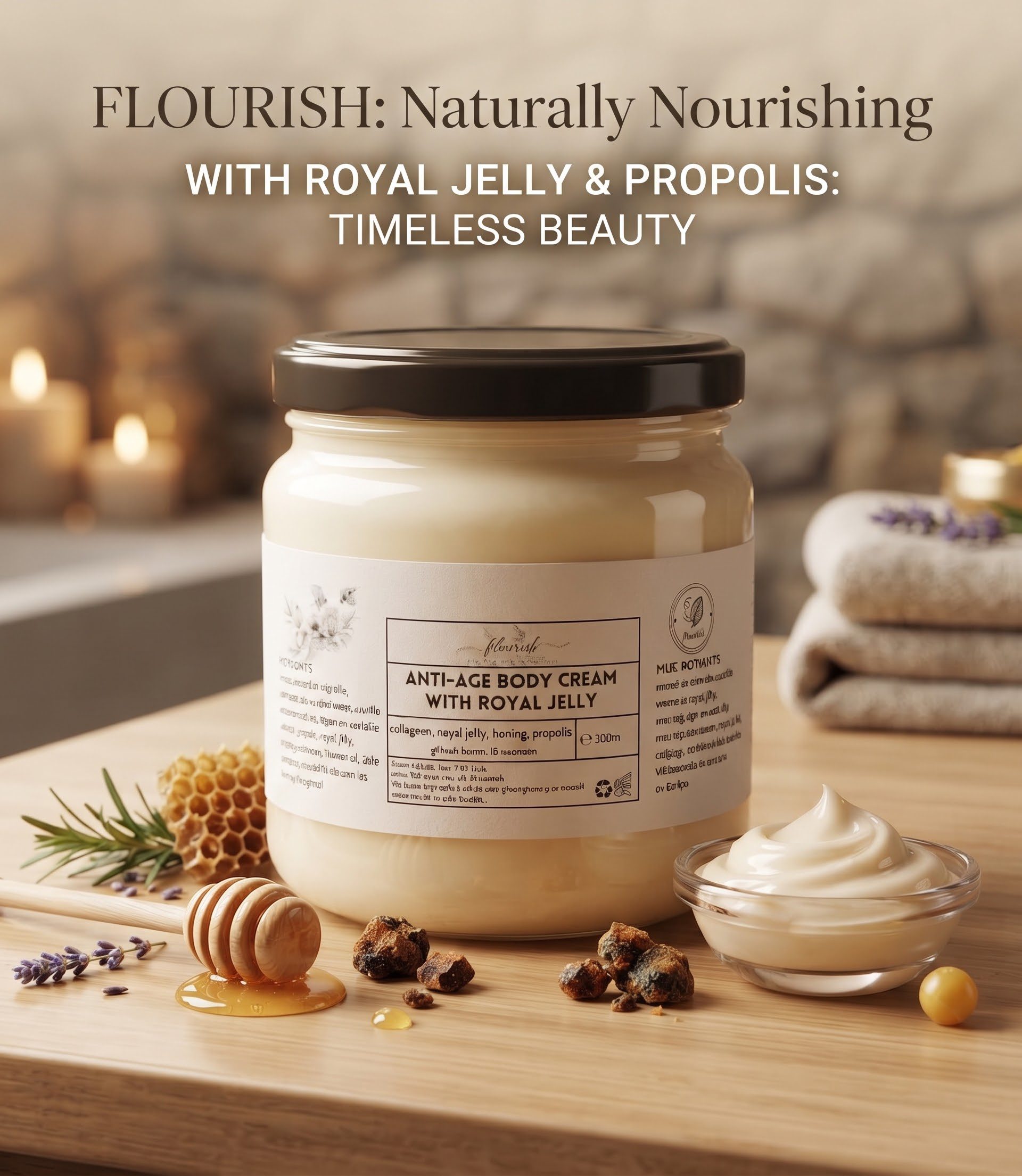 Handgemaakte anti-age lichaam creme met royal jelly - honing - collageen en frangipani green thee 200ml