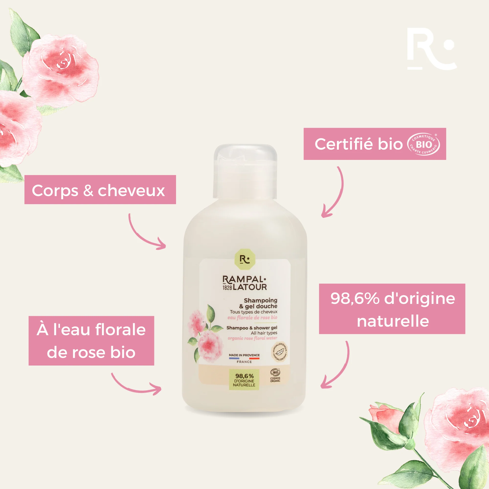 Gecertificeerd biologisch Douchegel en shampoo Damascusroos - gevoelige haar en huid - 250ml - Cosmos Organic