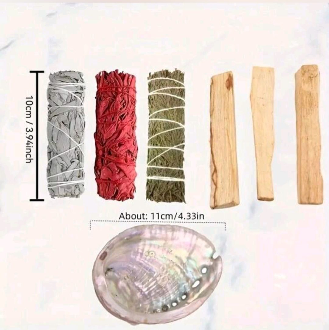 Spirituele set - smudge - salie - dragonbood - dennen - 3 heilighout - Palo Santo - abalone schelp - ritueel - 7 stuks