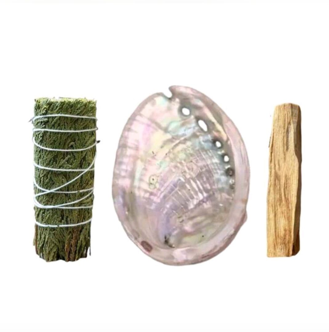 Spirituele set voor Rituaal smudge van Dennen - Palo Santo heilige hout - abalone schelp - bundel 3st