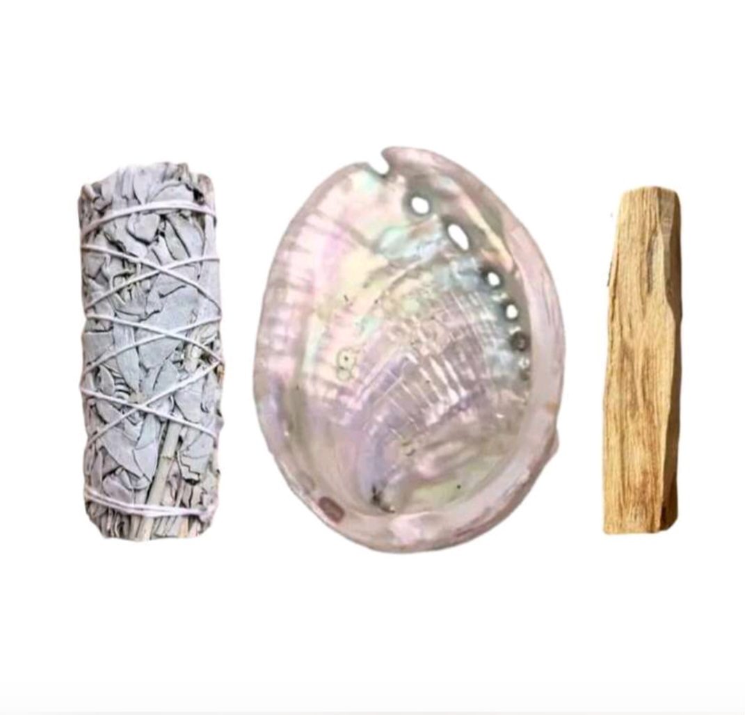 Spirituele set voor Rituaal smudge van Salie - Palo Santo heilige hout - abalone schelp - salie bundel 3st