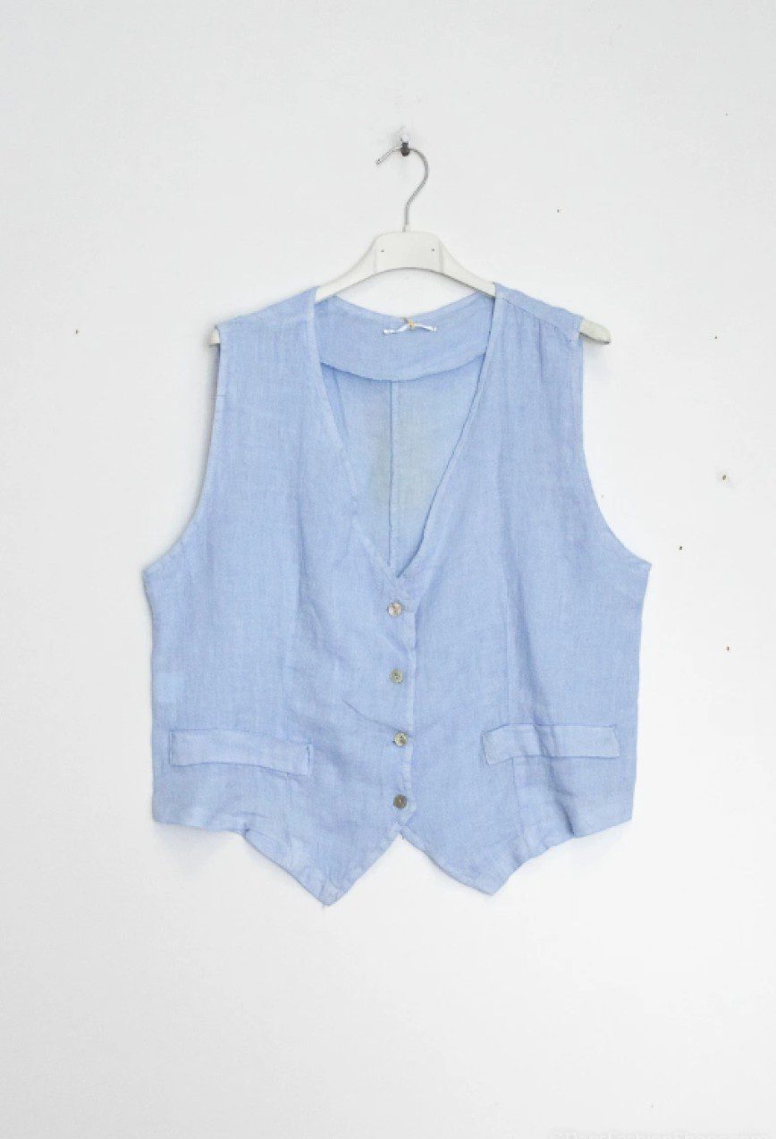 Mouwloos linnen vest - Elegante V-hals en een comfortabele stijl - kleur HEMEL BLAUW - maat 38-40