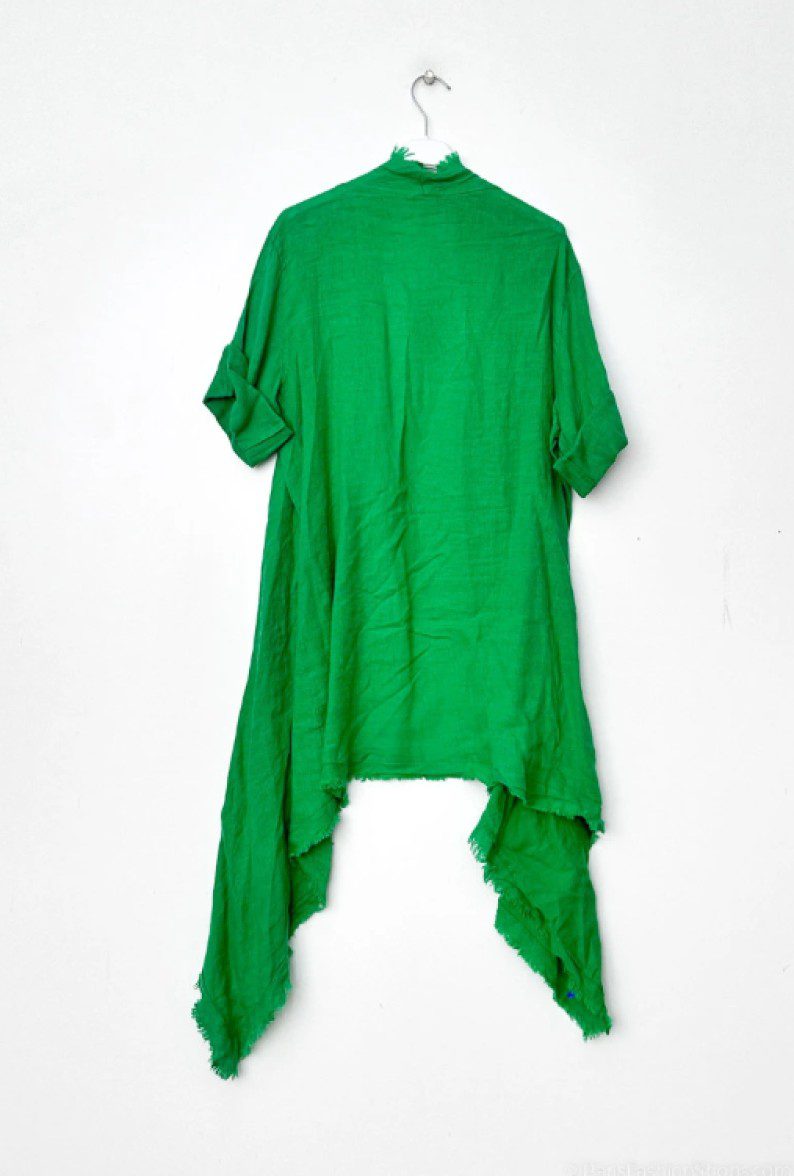 Lange asymmetrische linnen vest - Ruwe stijl - GRAS GROEN - luchtige zomer vest onesize