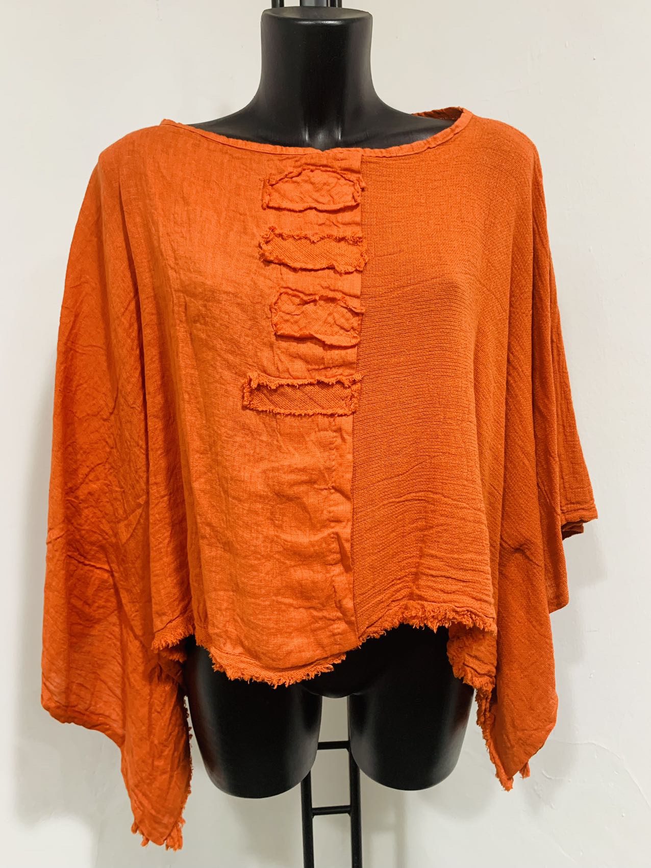 Vintage linnen korte top - bout hals - raglan mouwen kleur ORANJE/BRIK - one size