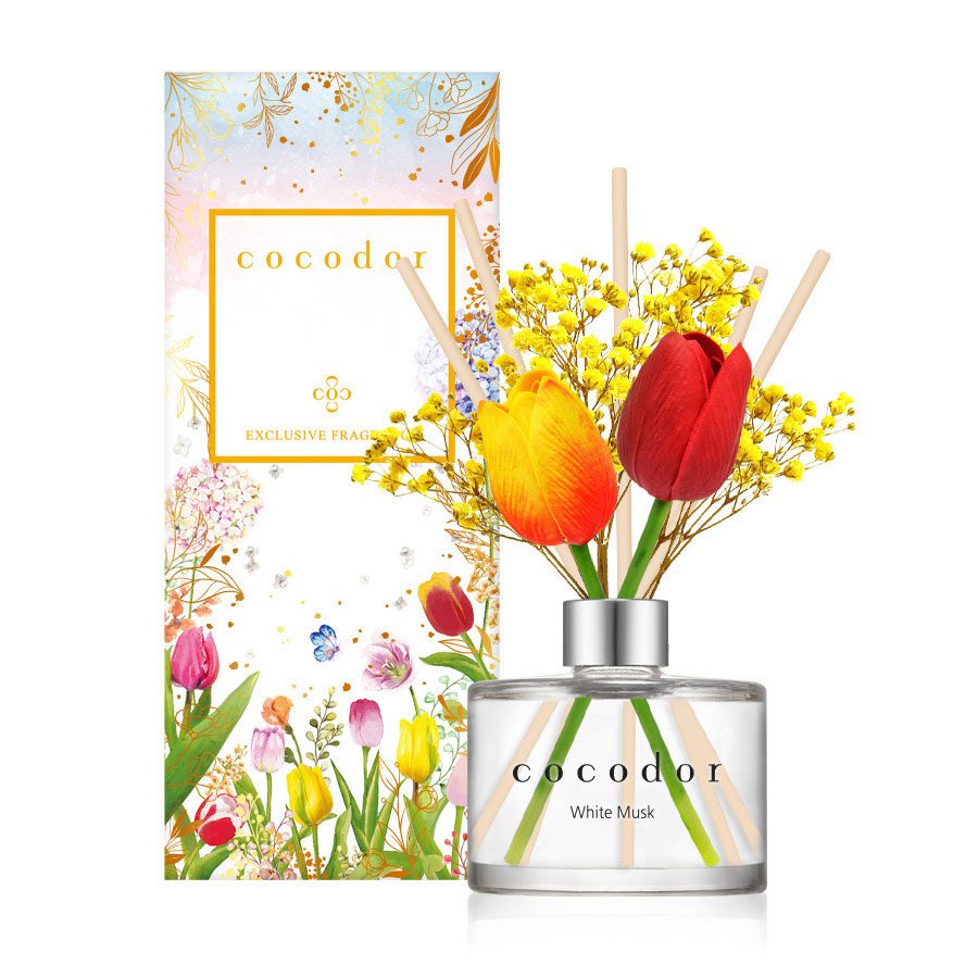 Heerlijk geur diffuser met rietstokken – WHITE MUSK huisparfum - met tulp- subtiel en sensueel - 200ml