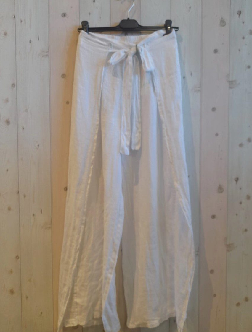 Linnen broek met zij stukken - elastische talie - strikje - kleur WIT - Maat 38/40