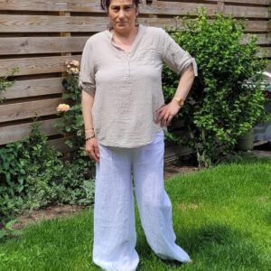 Linnen lange broek in WIT zijzakken en brede elastische talieband,  Maat M/L