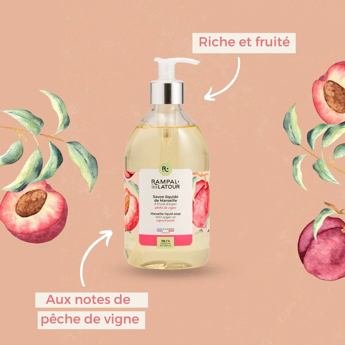 Gecertificeerd biologisch Franse Marseille vloeibare zeep Vine perzik - reinigt mild - argan olie 500ml - Afbeelding 3