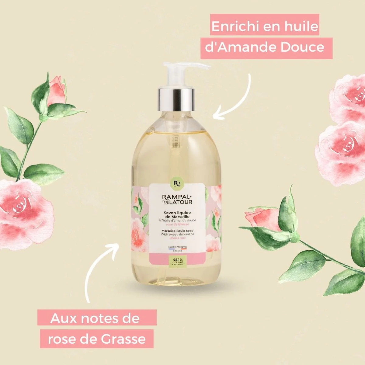 Gecertificeerd biologisch Franse Marseille vloeibare zeep Roos van Grasse - reinigt mild - amandel olie 500ml