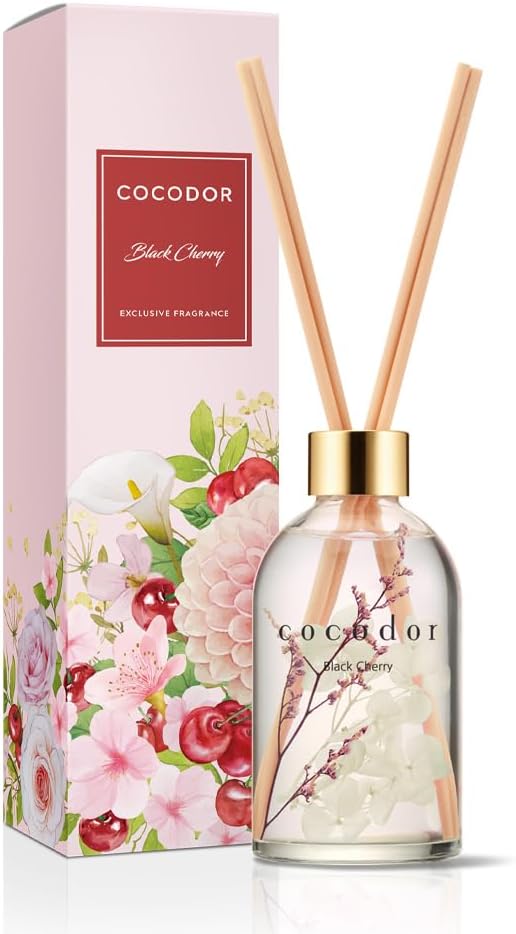 Heerlijk geur diffuser met rietstokken – BLACK CHERRY huisparfum - herbarium met echte bloem - 200ml